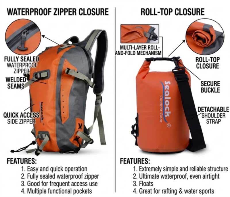 OEM ပရောဂျက်များအတွက် Roll Top နှင့် Waterproof Zipper Camping Bags